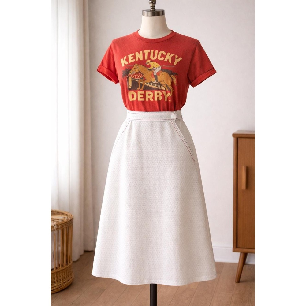 Vintage 1960s White Textured A-Line Skirt –Nautical Contrast Stitch – Retro Midi